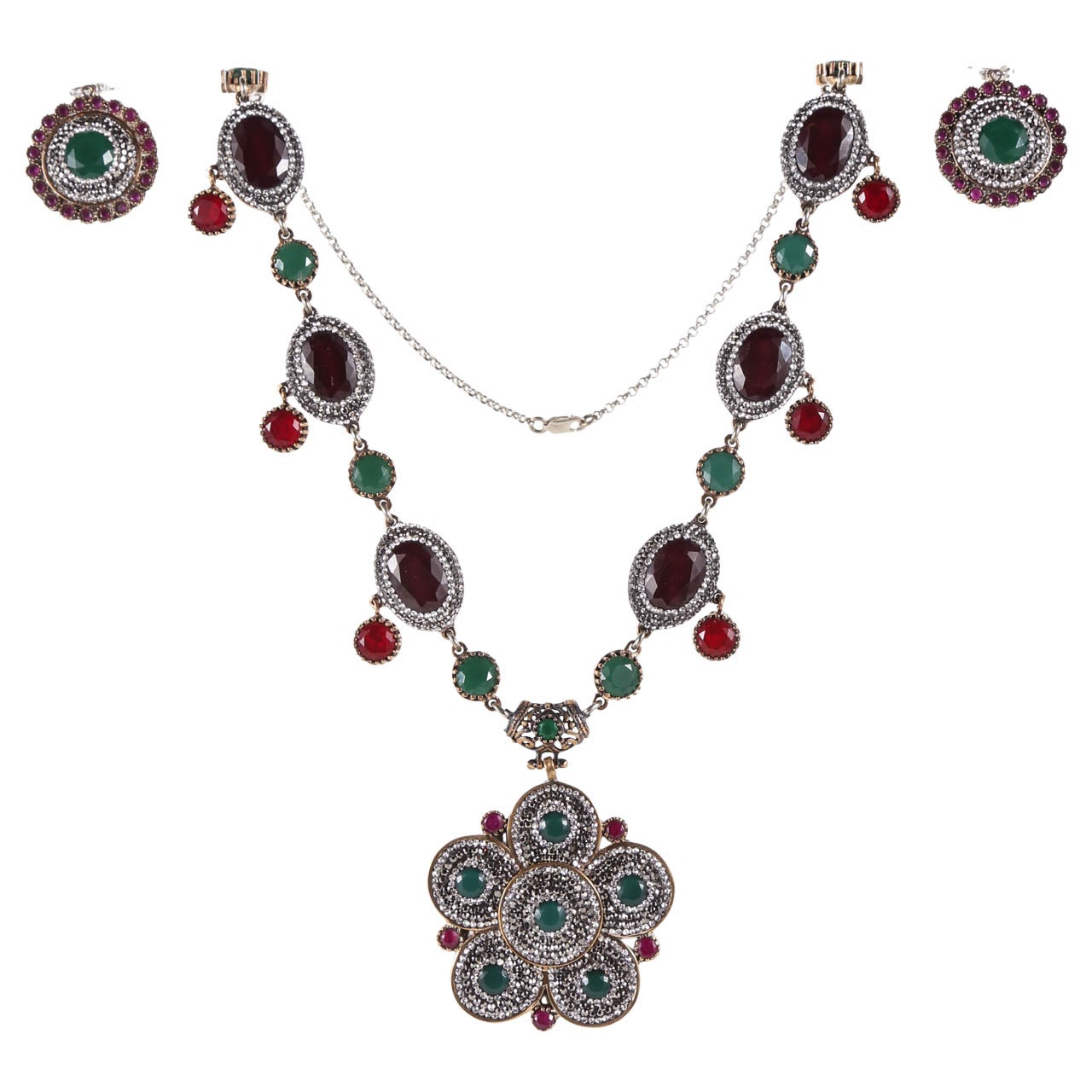 Indian Mogul Style Sterling Necklace & Earring Set For Sale