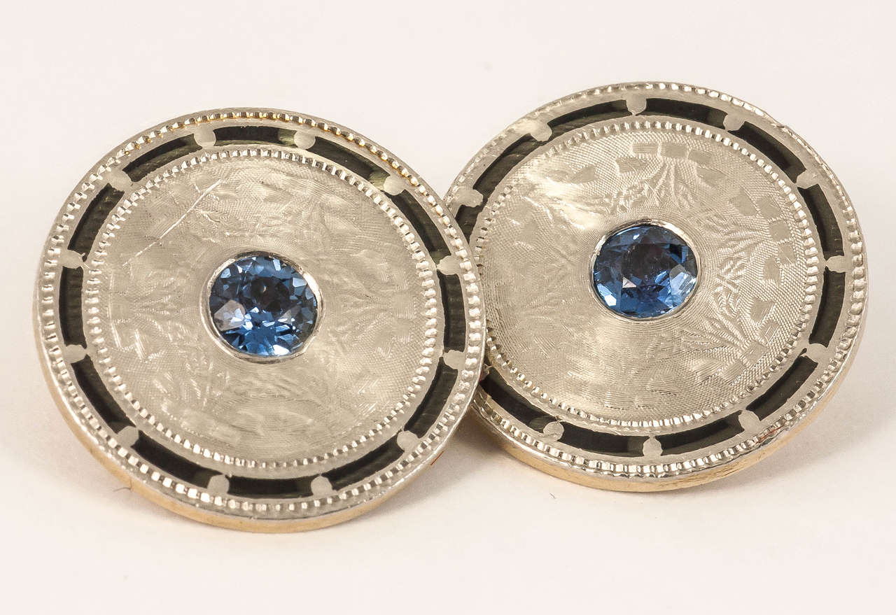 Art Nouveau Enamel Sapphire Gold Cufflinks