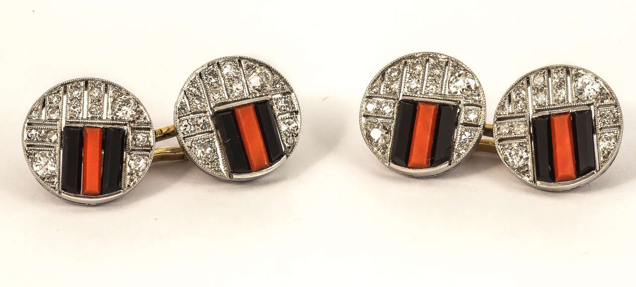 Art Deco Coral Onyx Diamond French Cufflinks In Excellent Condition In London, GB