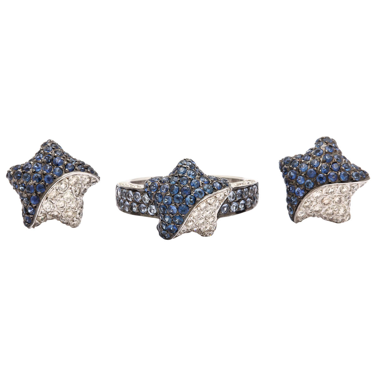 Sapphire Diamond Gold Star Earrings and Ring Set For Sale