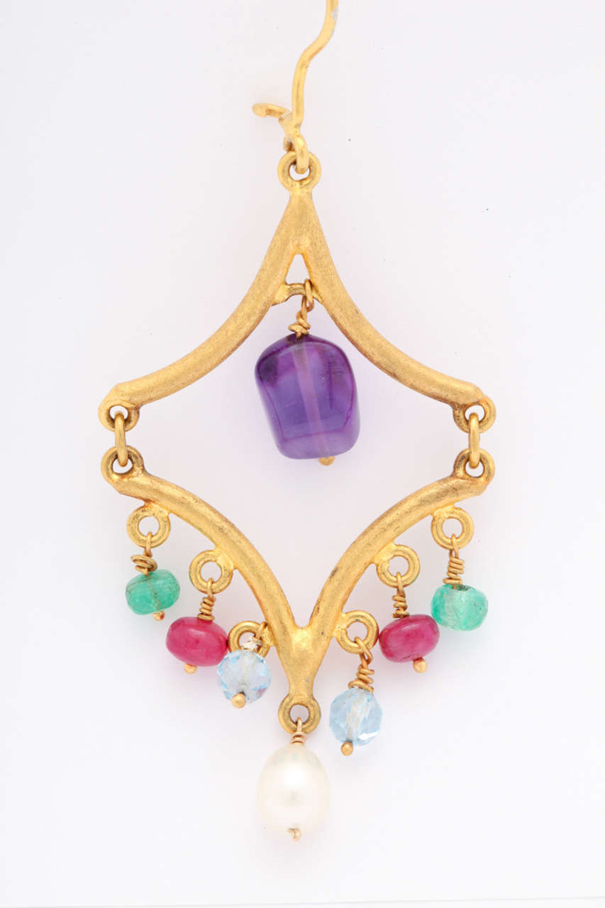 Artisan High Karat Gemstone Gold Earrings For Sale