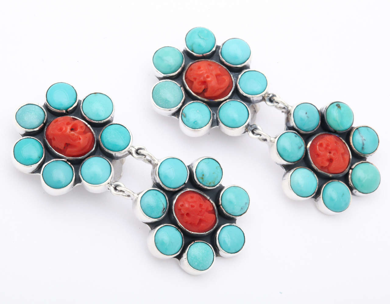 Women's Gorgeous Turquoise Coral Silver Clip Earrings For Sale