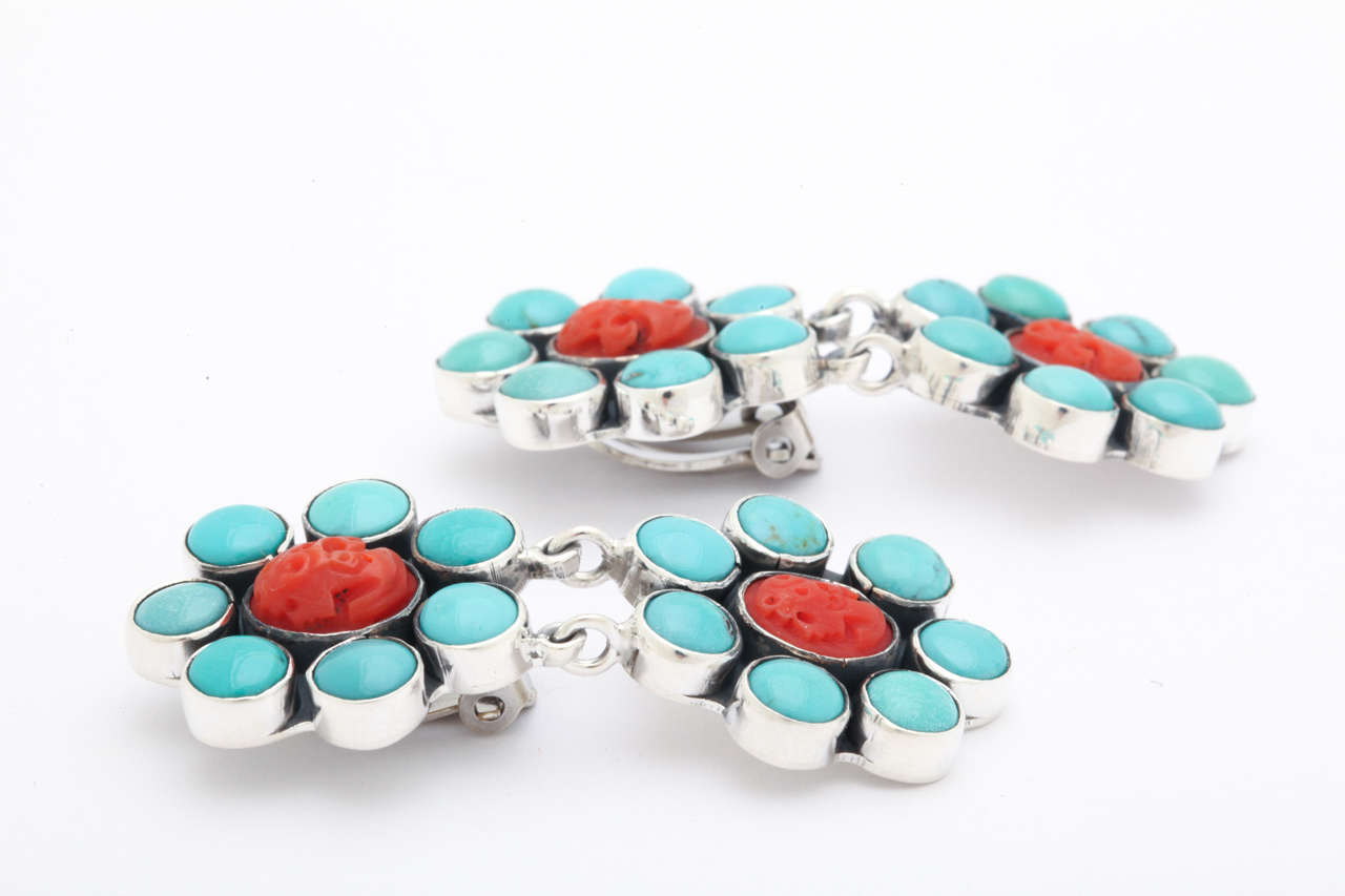 Gorgeous Turquoise Coral Silver Clip Earrings For Sale 2