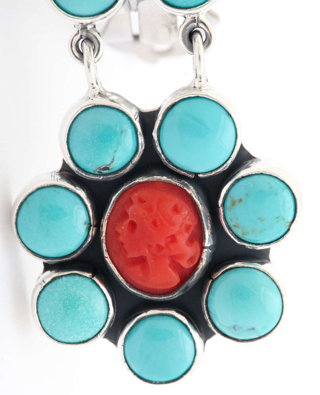 Gorgeous Turquoise Coral Silver Clip Earrings For Sale 3