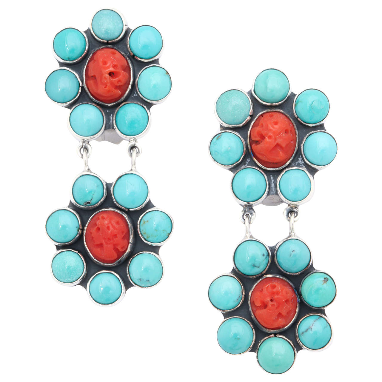 Gorgeous Turquoise Coral Silver Clip Earrings For Sale