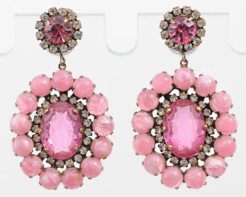 PINK PRONG SET SIXTIES EARRINGS BY KENNETH JAY LANE WITH FAUX DIAMONDS SIXTIES