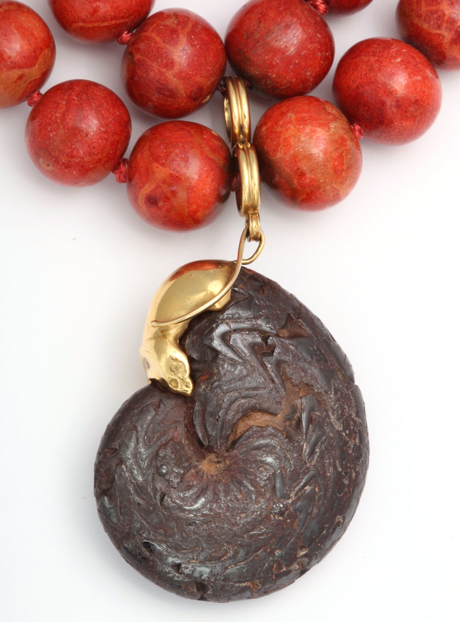 Women's Red Sponge Coral & Ammonite Fossil Necklace