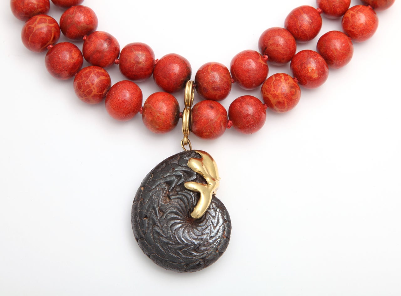 Red Sponge Coral & Ammonite Fossil Necklace 2