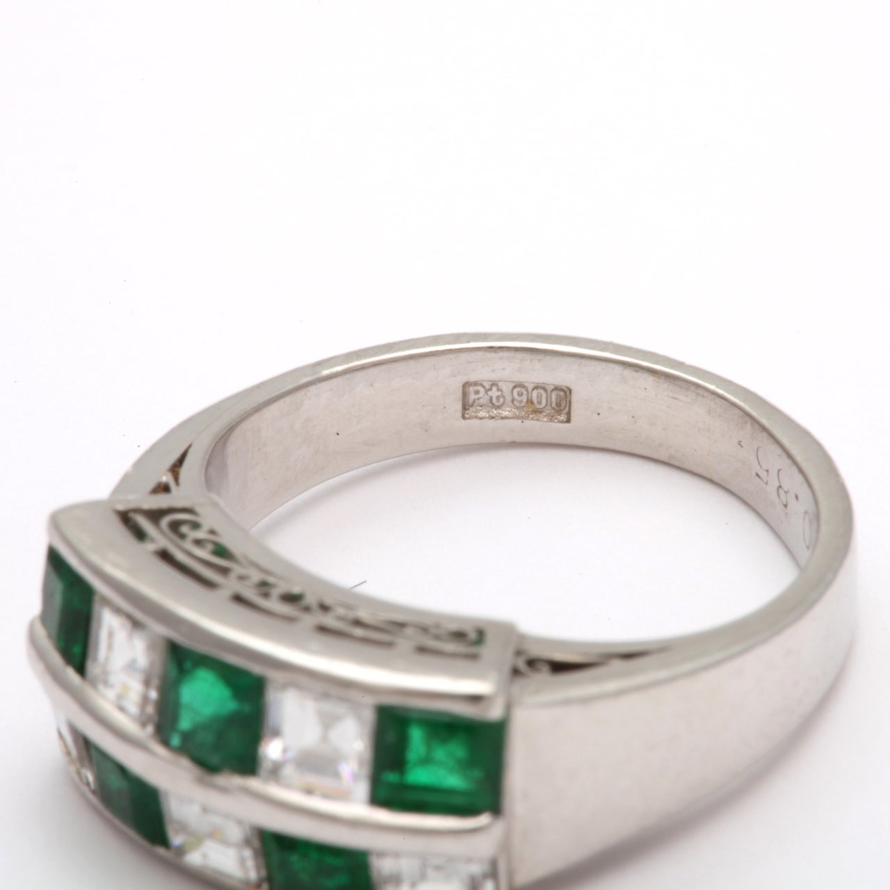 Channel Set Emerald & Diamond Checkerboard Ring For Sale 1