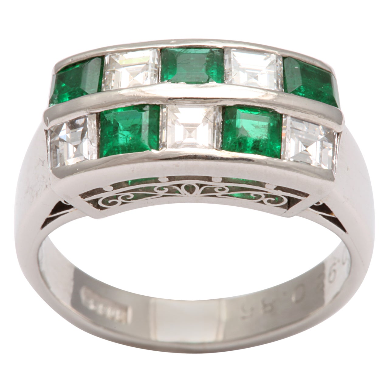 Channel Set Emerald & Diamond Checkerboard Ring For Sale