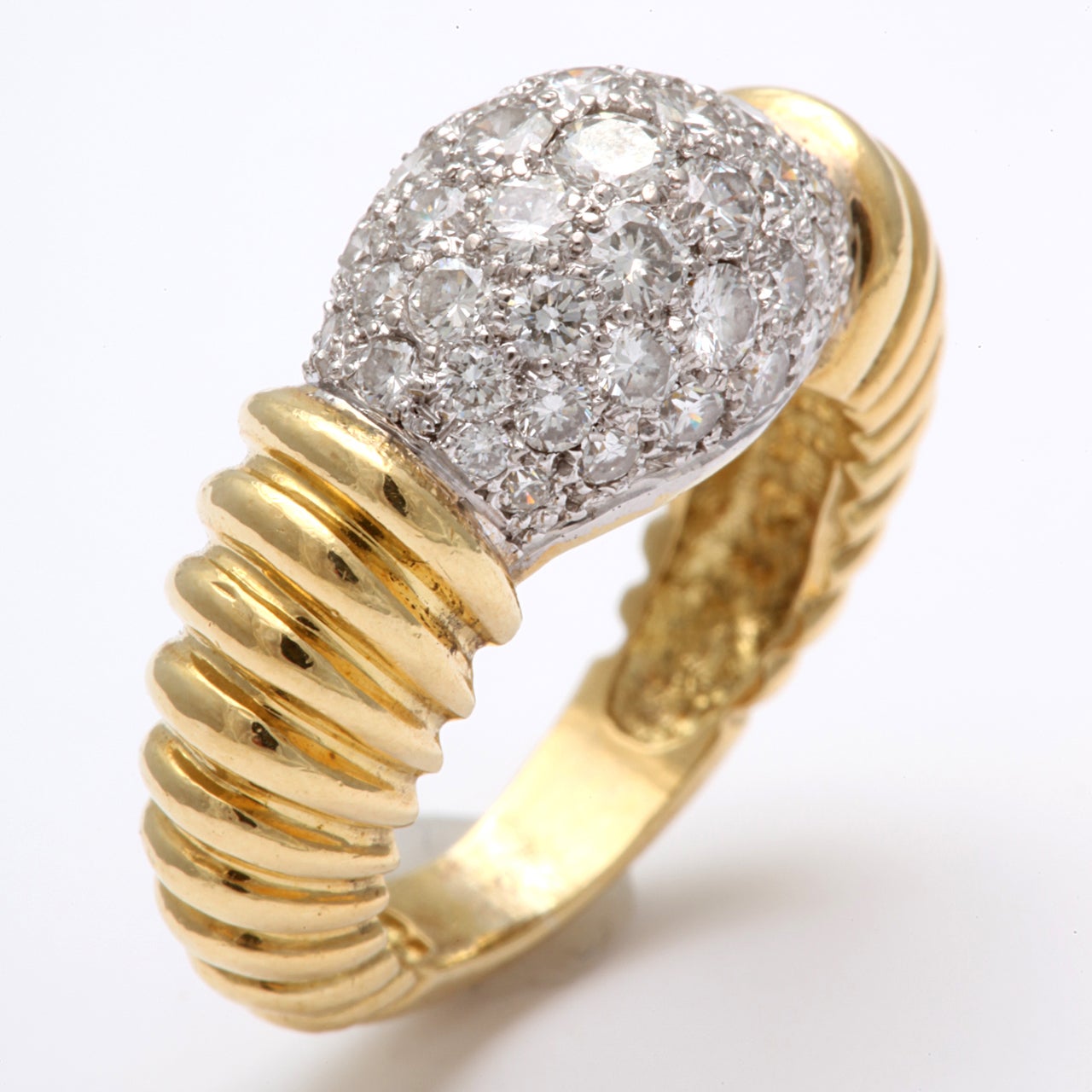 18kt Yellow Gold graduated ribbed ring with center Dome pave set in Platinum with full cut - clean & white Diamonds. Size 5 1/2, but can be sized.