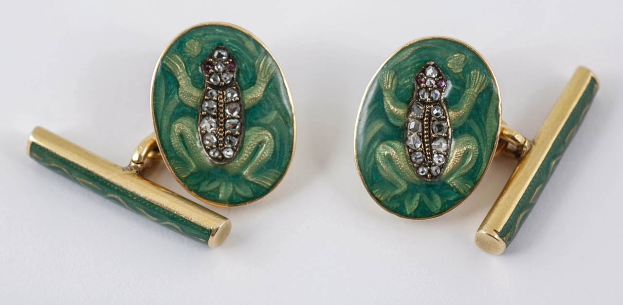 Rare pair of green enamel and cufflinks of a frog, set with rose cut diamonds and ruby eyes. Unmarked. Russian. c1900.