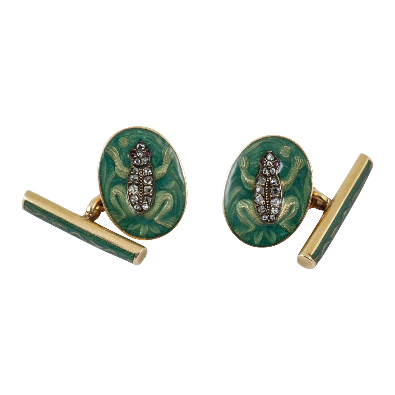 Rare Pair of Green Enamel Gold Cufflinks