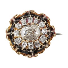 Enamel Cushion Cut Diamond Gold Oval Cluster Brooch