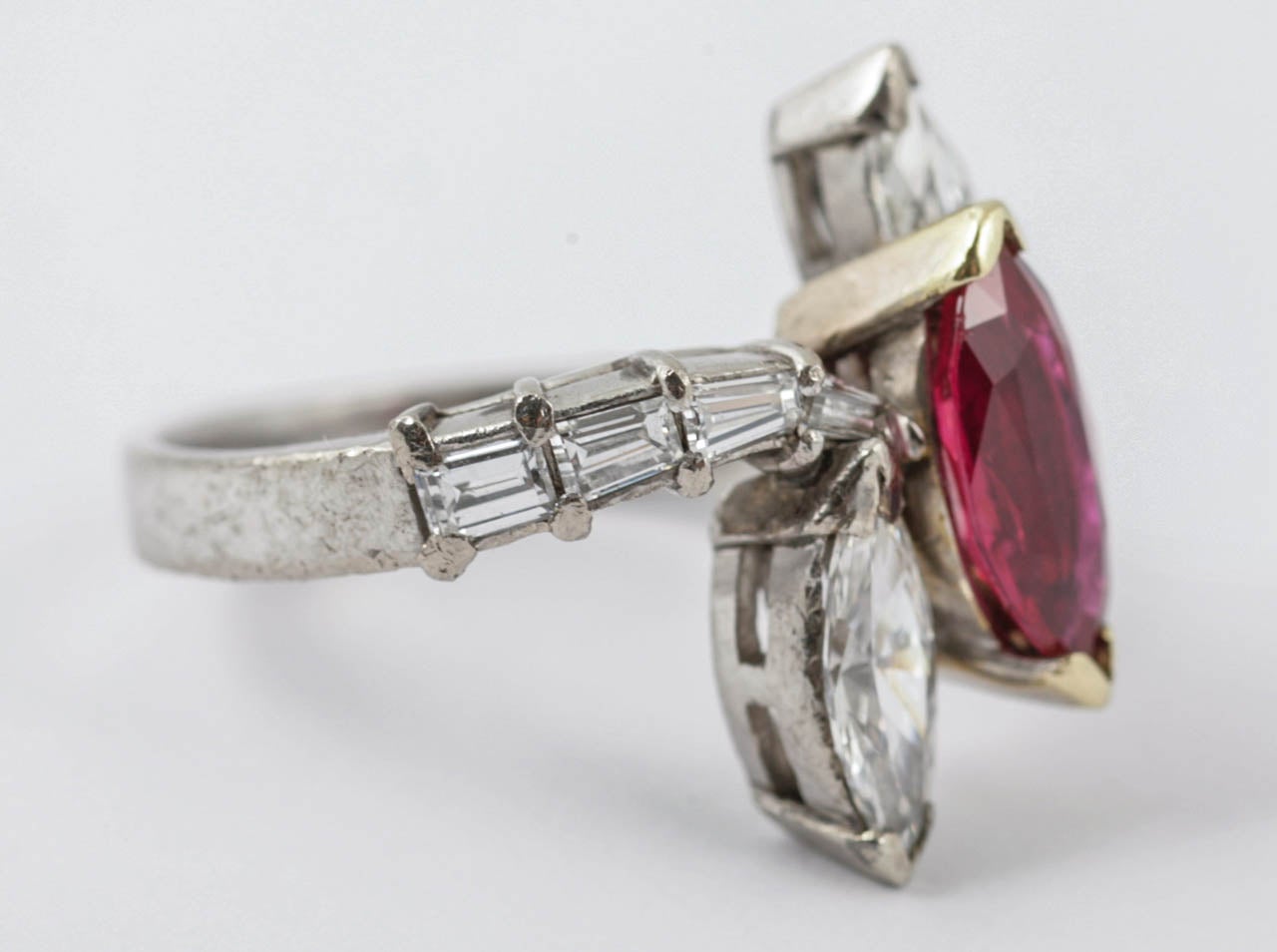 Women's Marquise Shaped Ruby Diamond Three Stone Ring