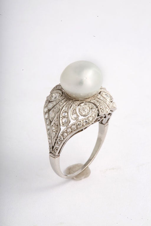 Edwardian Natural Pearl, Diamond and Platinum Ring