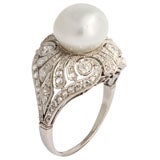 Edwardian Natural Pearl, Diamond and Platinum Ring