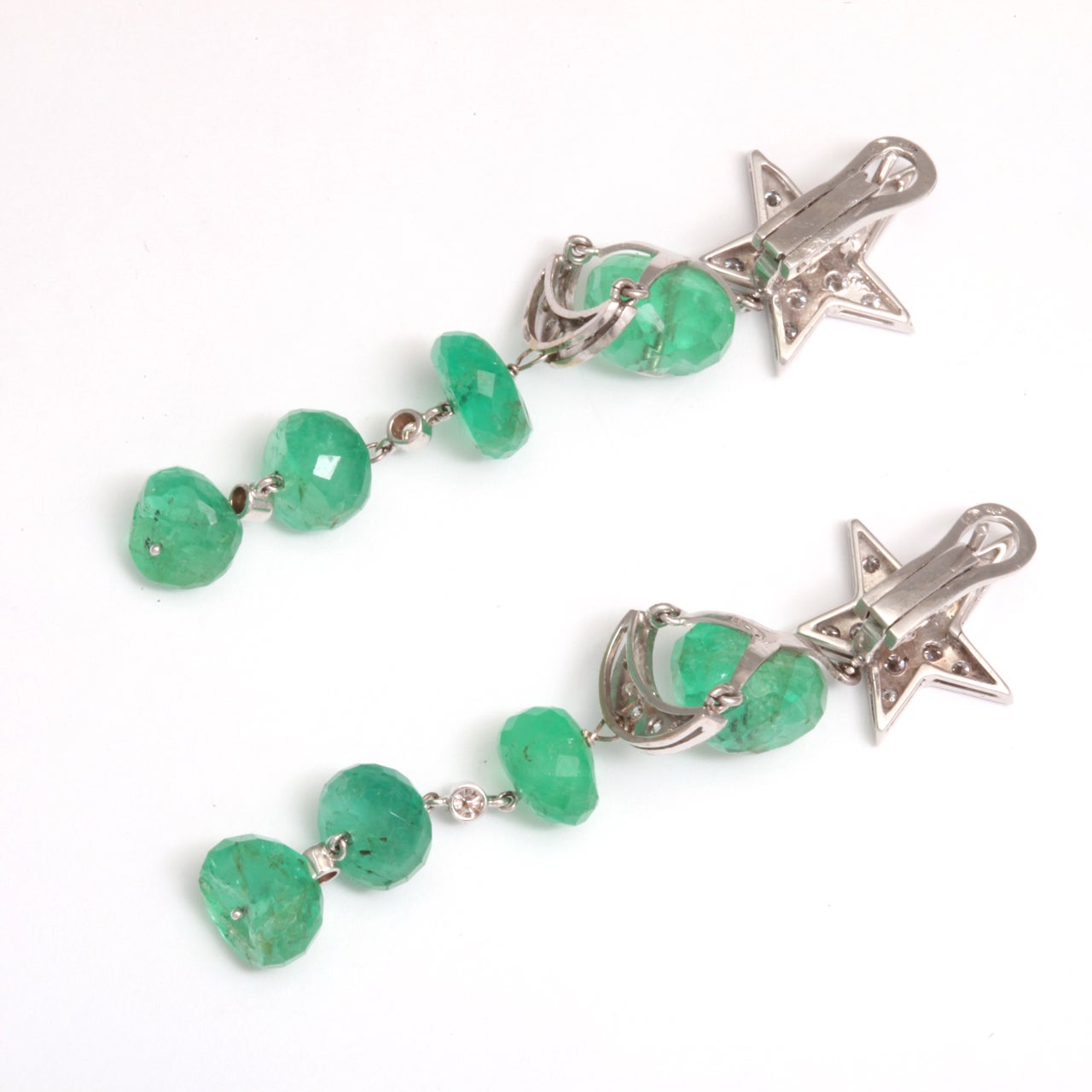 Moon And Stars Diamond And Emerald White Gold Dangle Earrings For Sale 1
