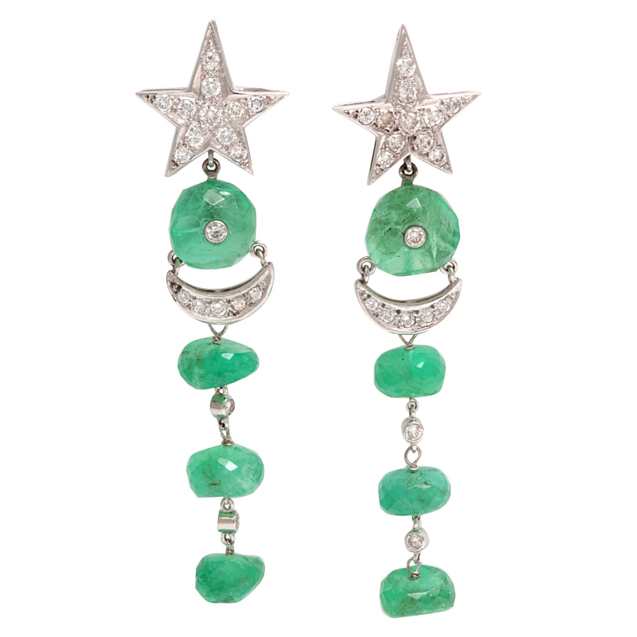 Moon And Stars Diamond And Emerald White Gold Dangle Earrings For Sale