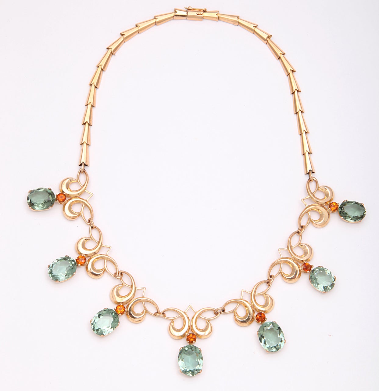 A stunning retro gold handcrafted italian necklace with faceted green amethysts and topazes collet set links A work of Art