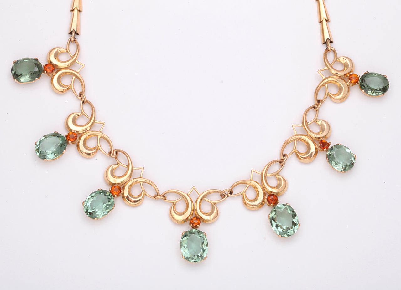 Retro Gold Necklace With Green Amethysts and Topaz In Excellent Condition For Sale In New York, NY