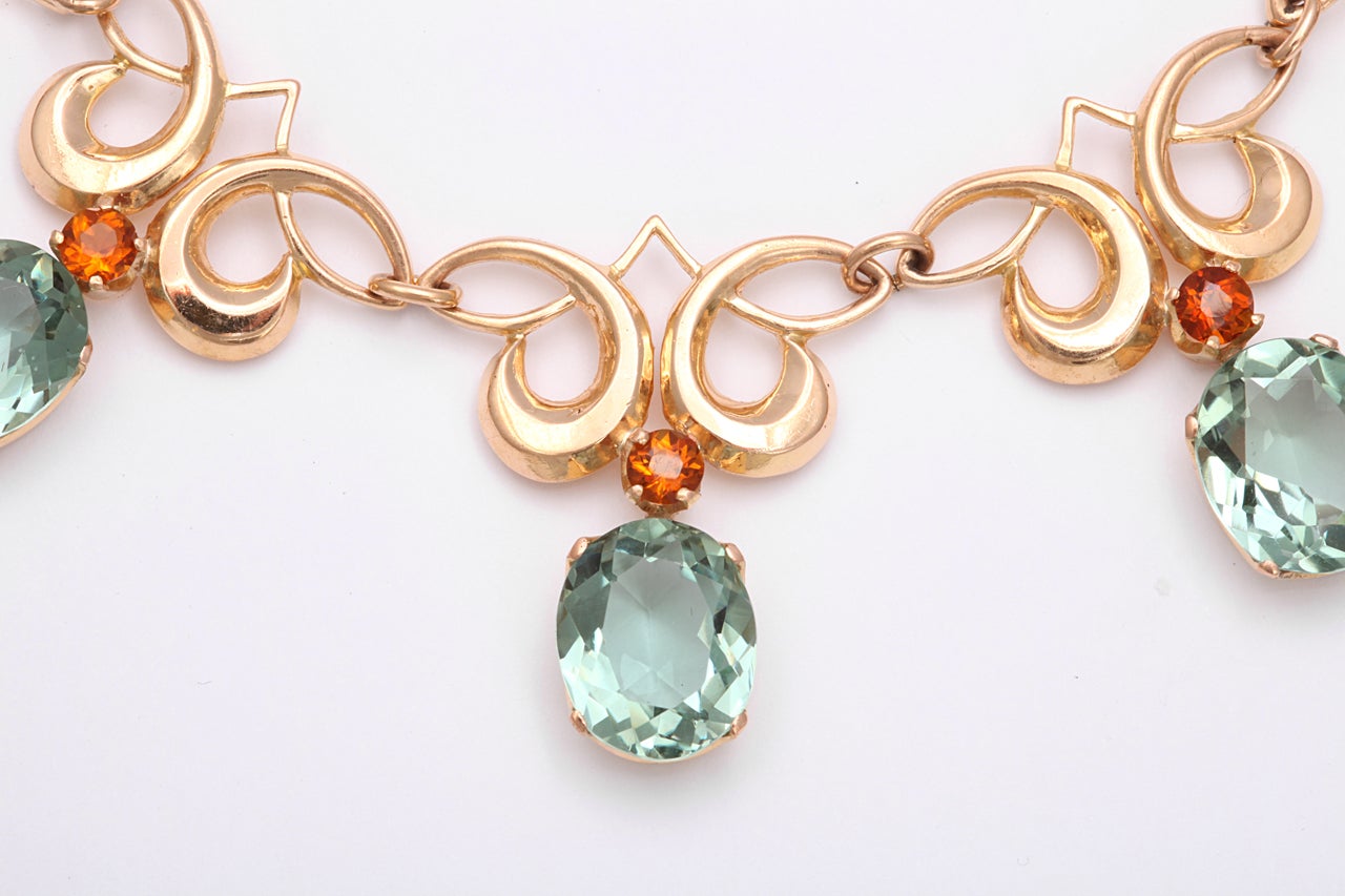 Retro Gold Necklace With Green Amethysts and Topaz For Sale 1