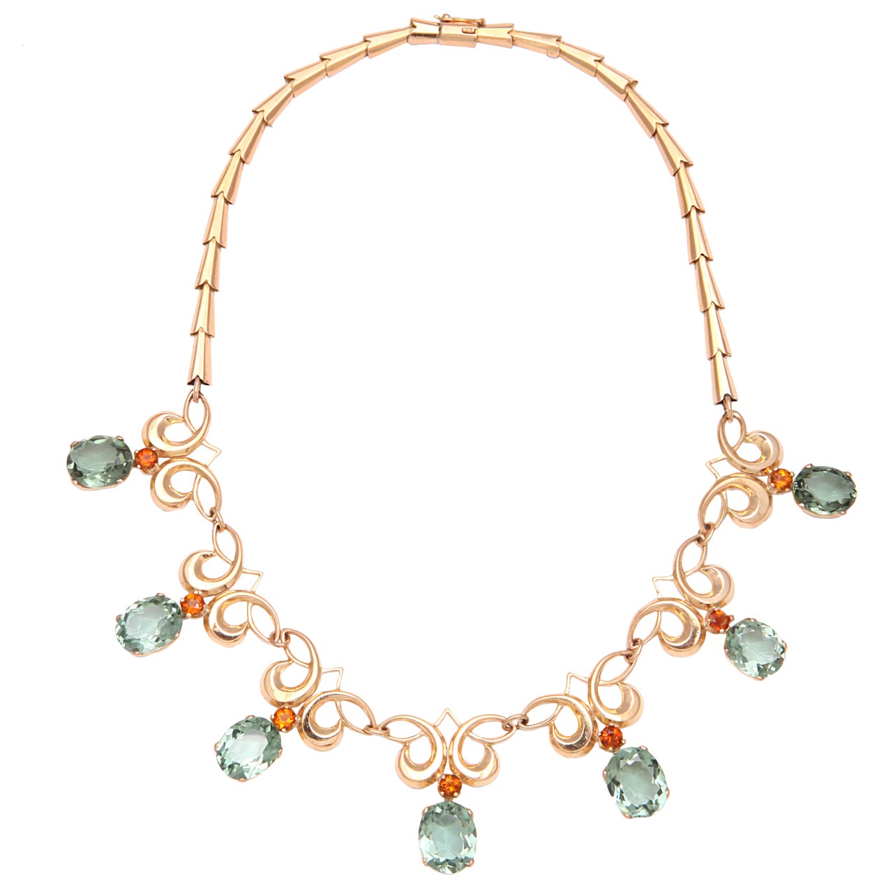 Retro Gold Necklace With Green Amethysts and Topaz For Sale