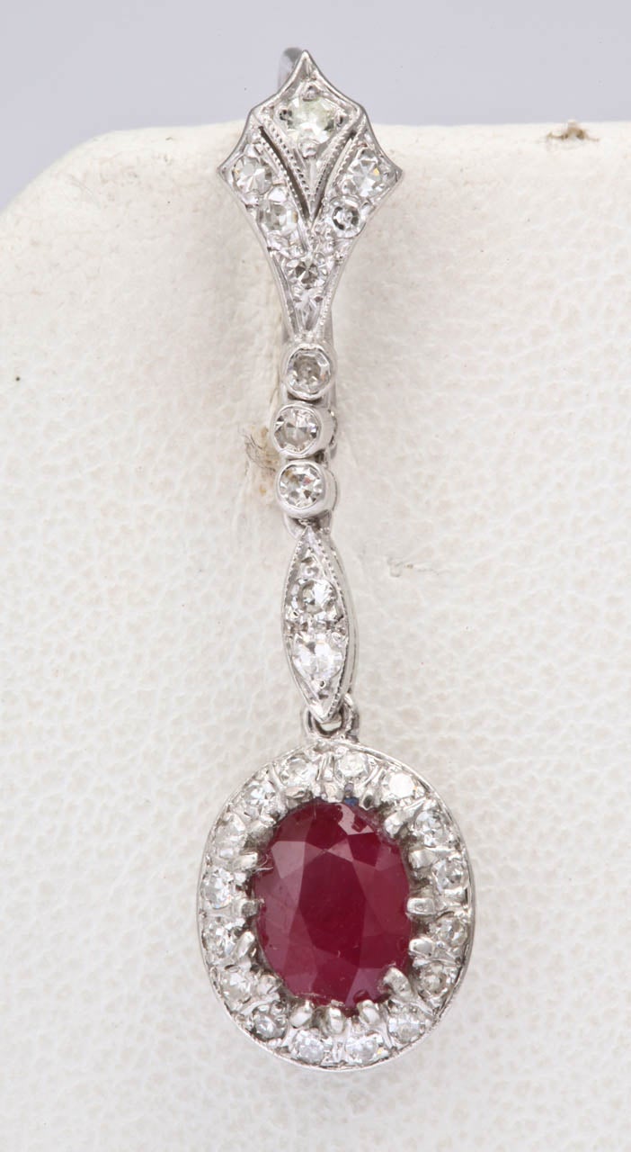 1940s Ruby Diamond White Gold Drop Dangle Earrings 1