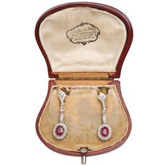 1940s Ruby Diamond White Gold Drop Dangle Earrings