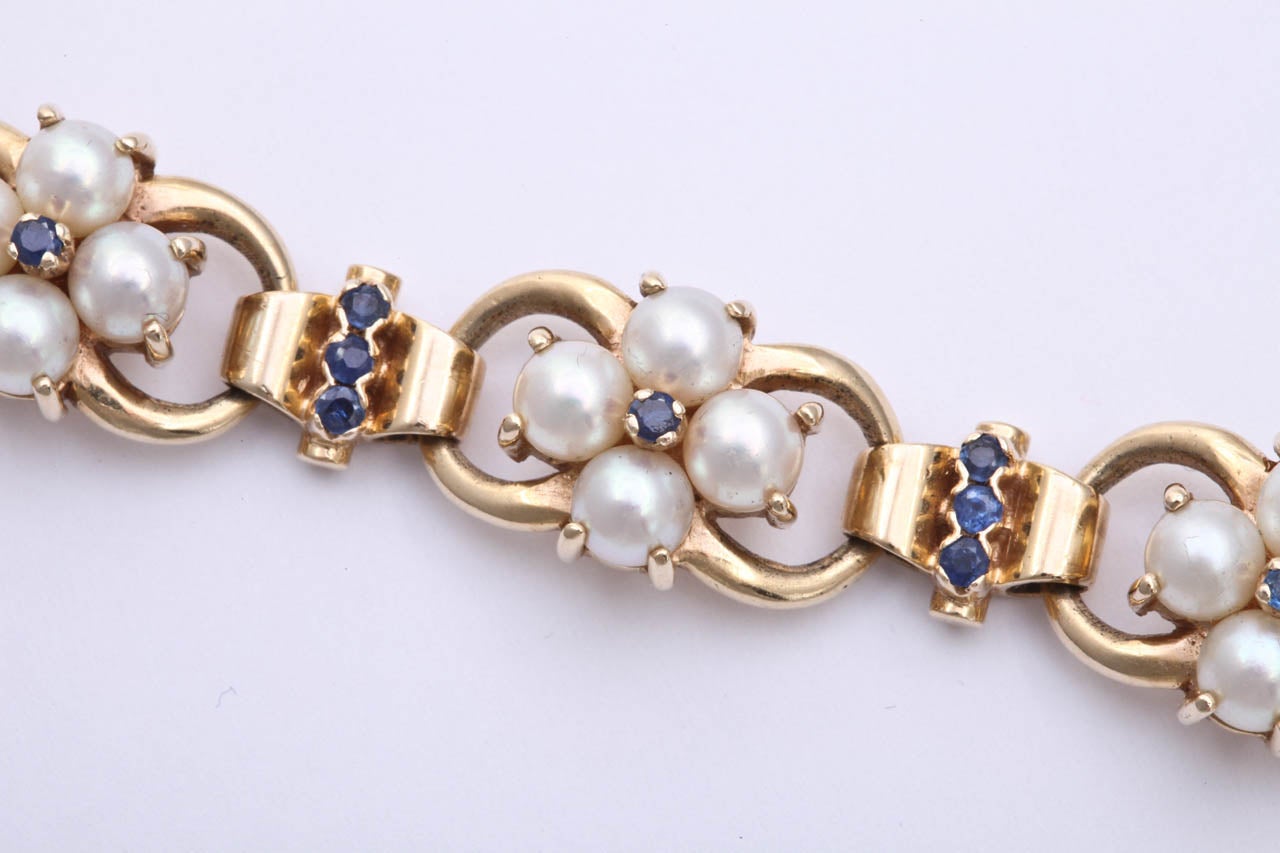 1940s Tiffany & Co. Pearl Sapphire Link Bracelet In Excellent Condition In New York, NY