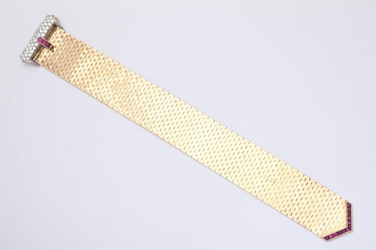 1940s Tiffany & Co. Ruby Diamond Gold Brick Mesh Belt Bracelet In Excellent Condition In New York, NY