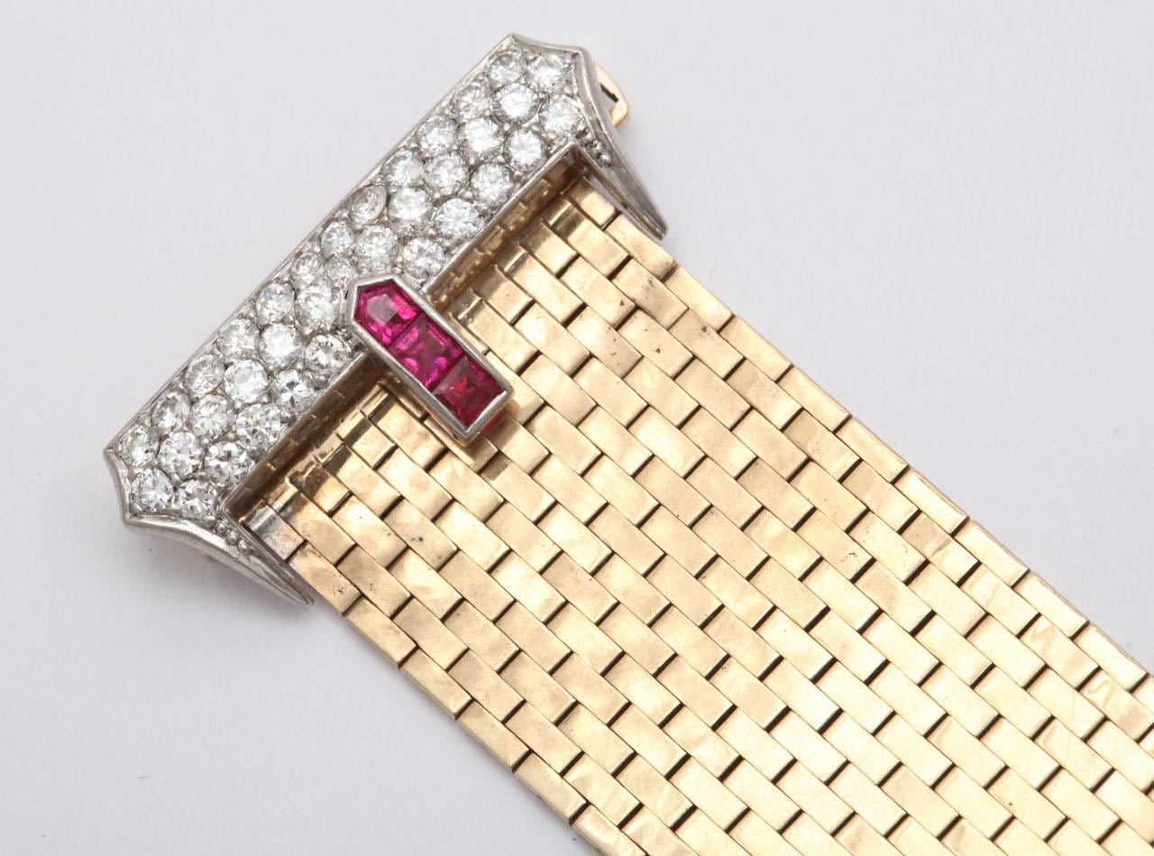 Women's 1940s Tiffany & Co. Ruby Diamond Gold Brick Mesh Belt Bracelet