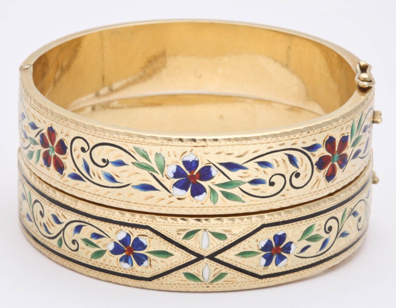 14kt yellow gold and multicolored enamel bangle bracelets with gorgeous enamel workmanship and design pair of cuff bangle bracelets circa 1920,s american made