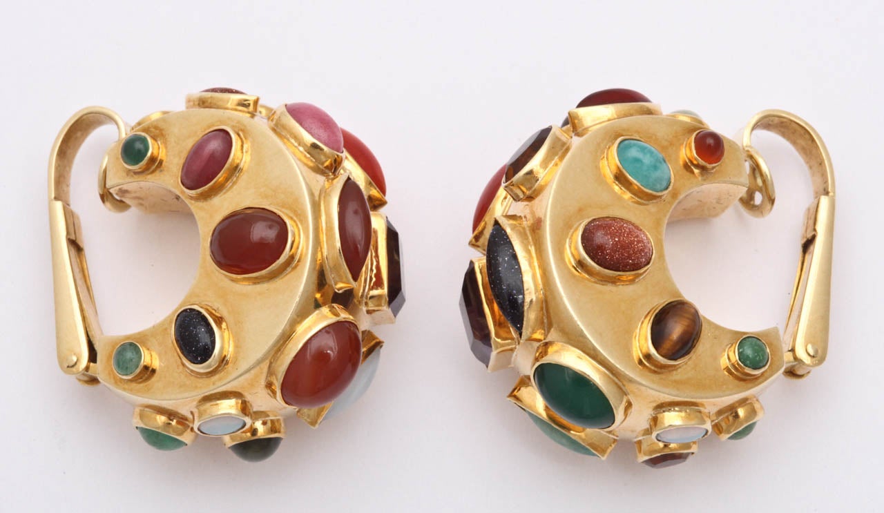 Three Dimensional Multi-Gem Set Earclips Consisting Of Corals Amethysts Citrines And Onyxes With Carnelian Stones all bezel set For a full three dimensional look signed Sanz Spain Mounted in 18kt Yellow Gold with Fancy earclips
