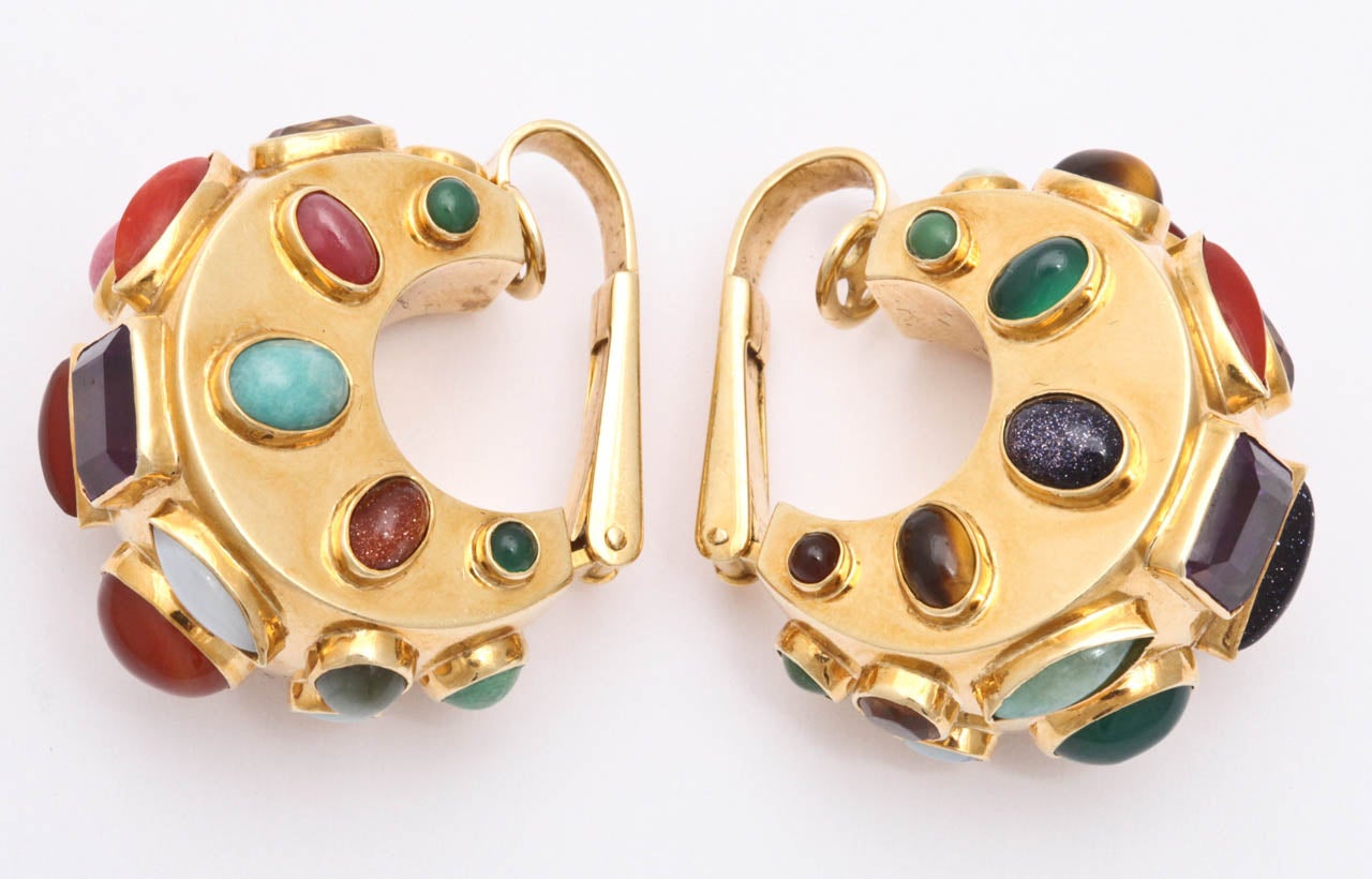 Women's 1950's SANZ Gold And Multi-Gem Bezel Set EarClips