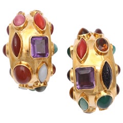 1950's SANZ Gold And Multi-Gem Bezel Set EarClips