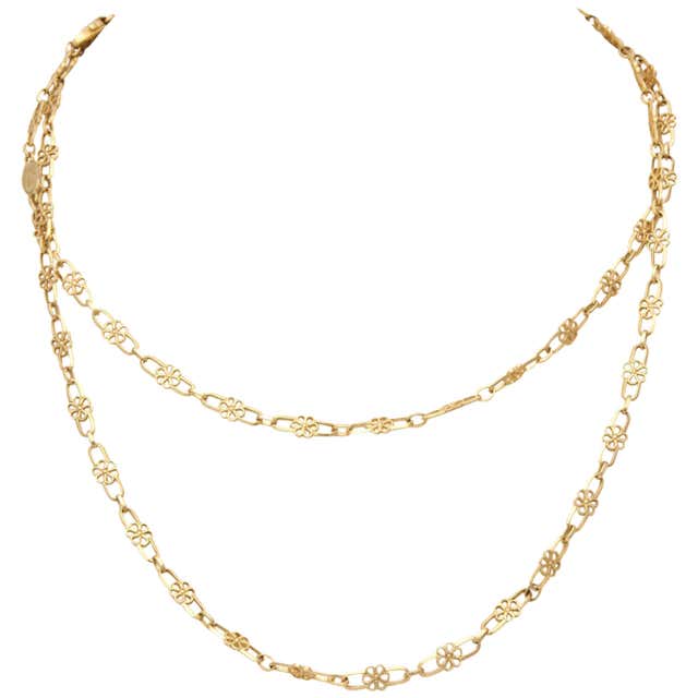 1950's Gold Open Link Delicate Floral Chain Necklace at 1stDibs