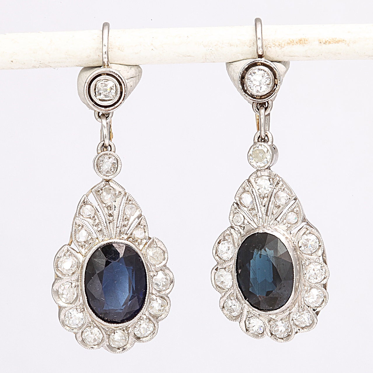 Platinum and sapphire and old mine cut diamonds sapphire art deco earrings made for pierced ears only