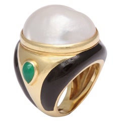 TAMBETTI Pearl Emerald Black Enamel Gold Enamel Ring