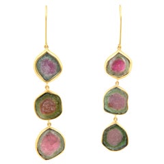 Long Watermelon Tourmaline Gold Earrings