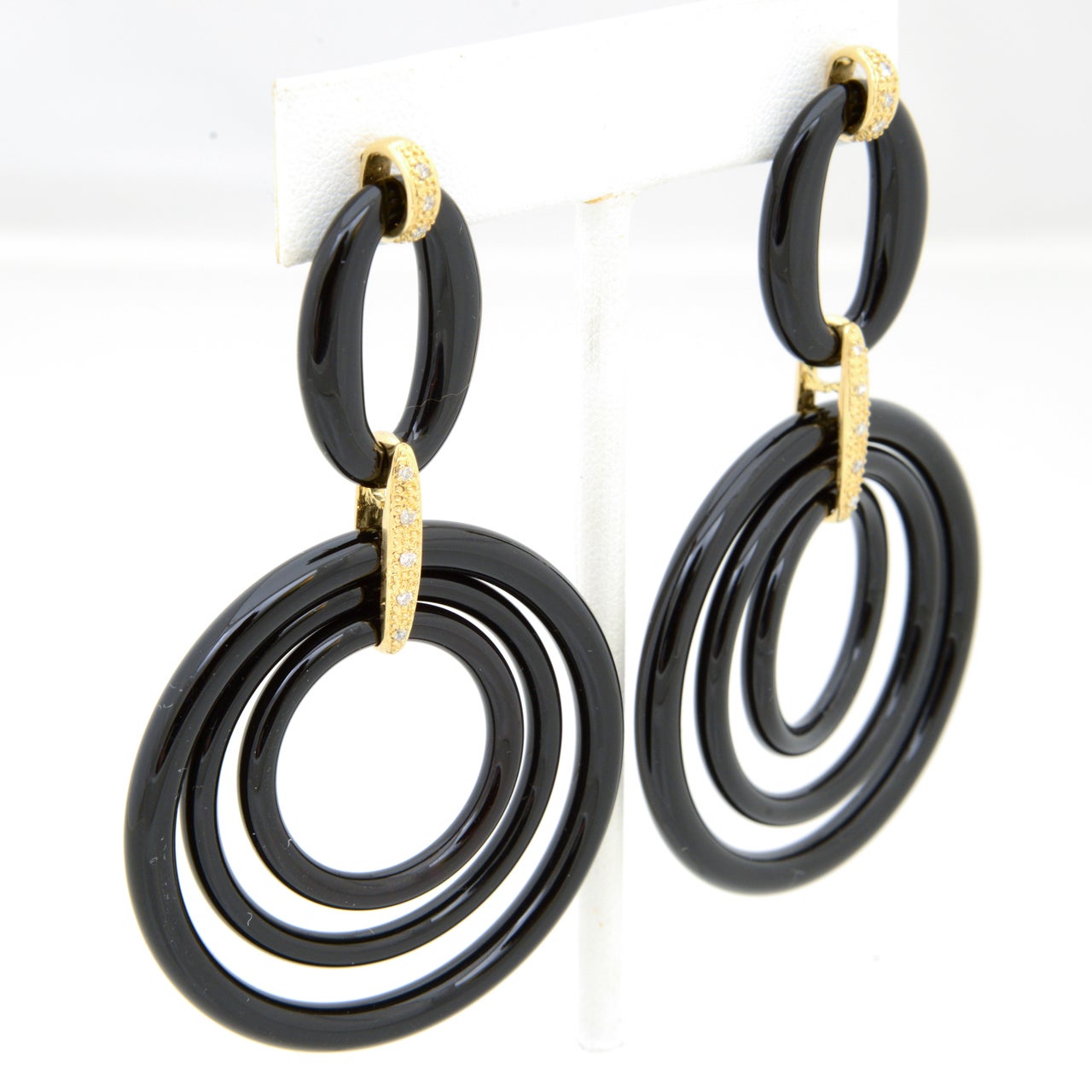 Large Onyx, Diamond, and Gold Dangling Circle Earrings 1