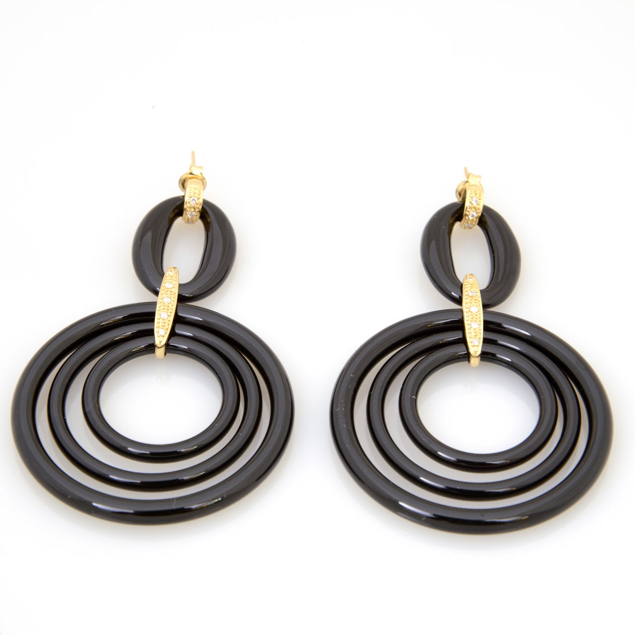 Large Onyx, Diamond, and Gold Dangling Circle Earrings 3