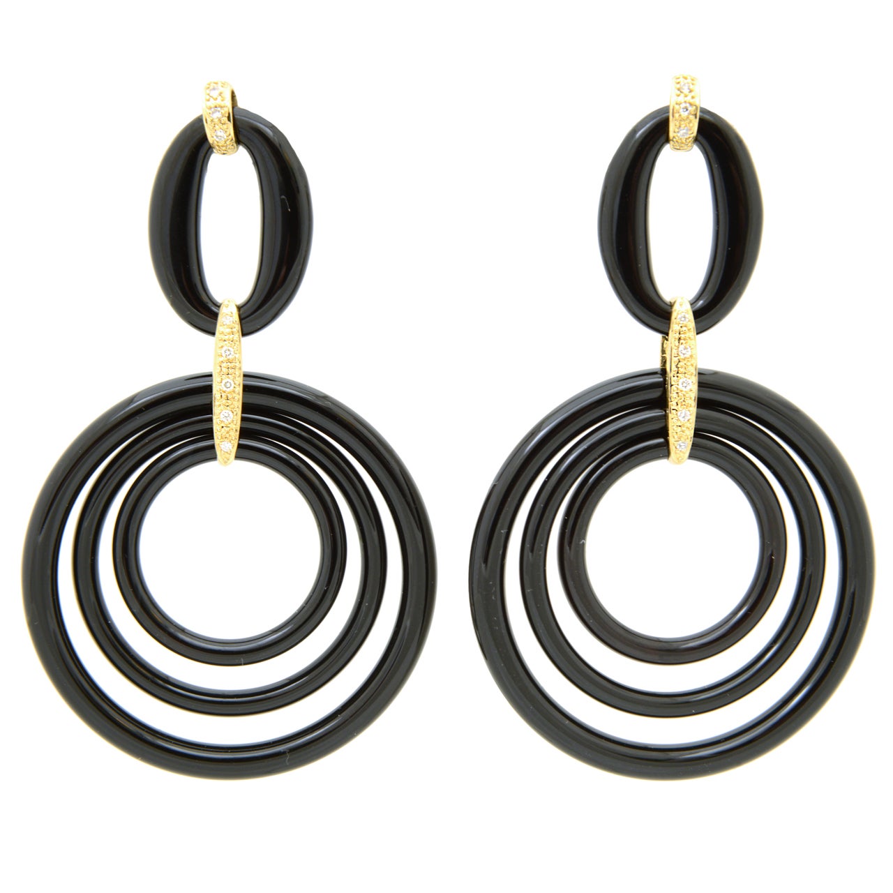 Large Onyx, Diamond, and Gold Dangling Circle Earrings