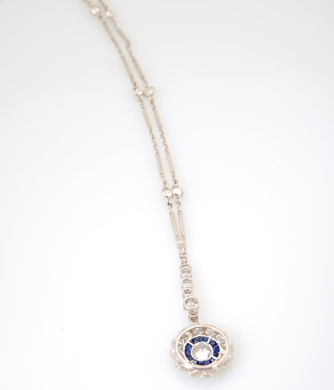 Women's Art Deco Floral Sapphire and Diamond Platinum Drop Pendant Necklace