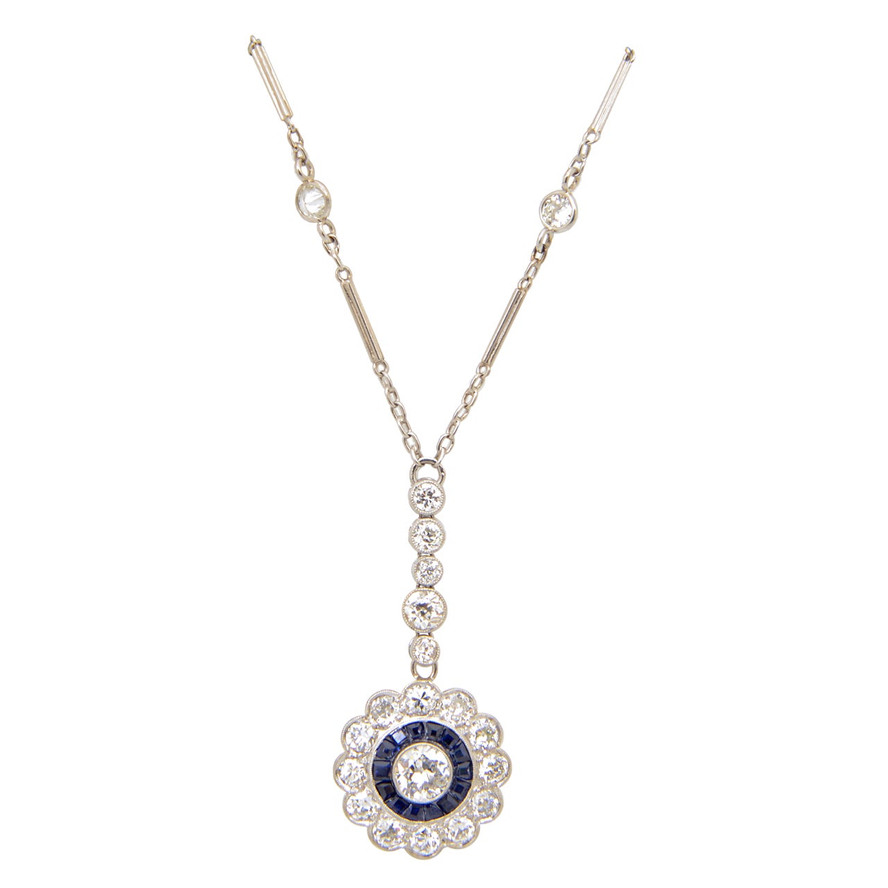 Art Deco Floral Sapphire and Diamond Platinum Drop Pendant Necklace