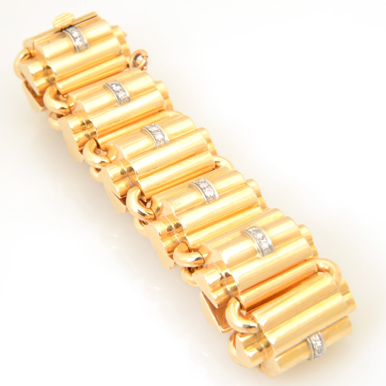 Women's Fabulous Retro 1940s Wide Diamond and Gold Stylized Dome Bracelet For Sale