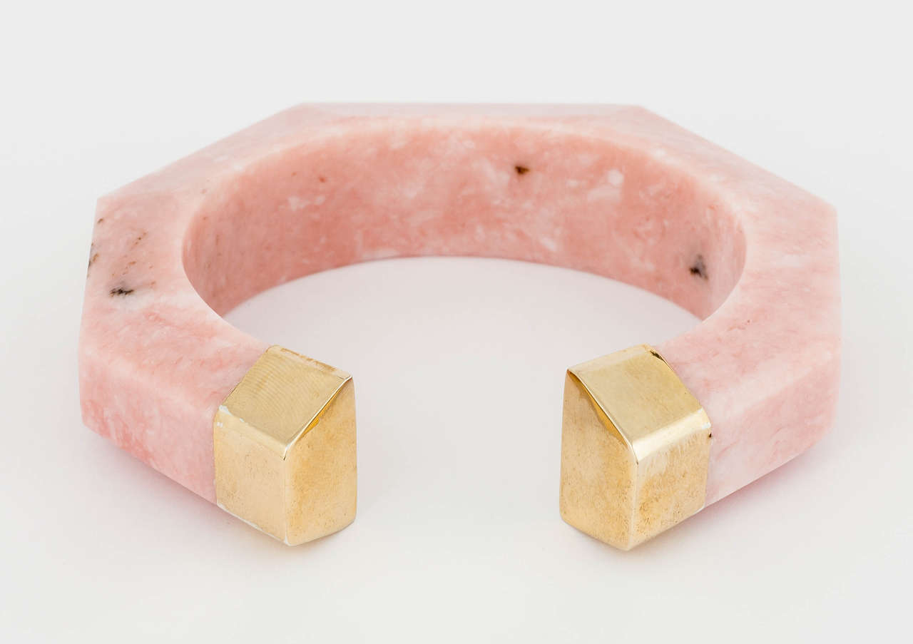 Contemporary Pink Opal Gold Cuff Bangle Bracelet For Sale