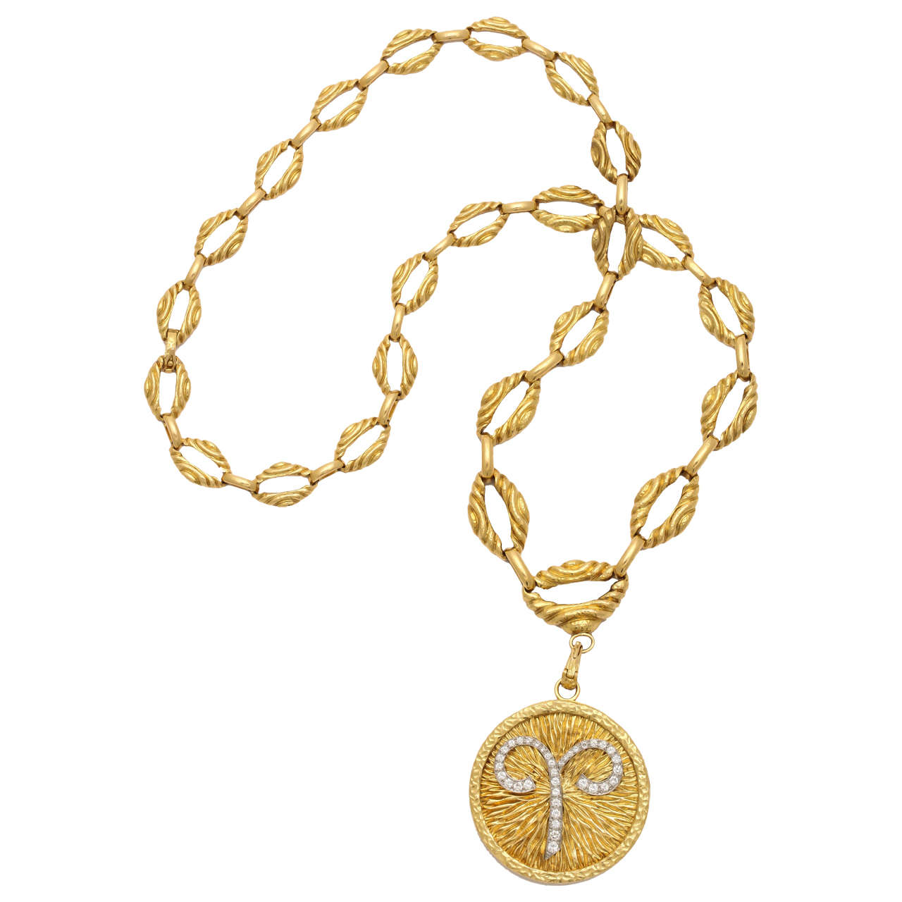 David Webb Diamond Gold Aries Pendant and Gold Chain Necklace For Sale