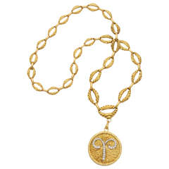 David Webb Diamond Gold Aries Pendant and Gold Chain Necklace