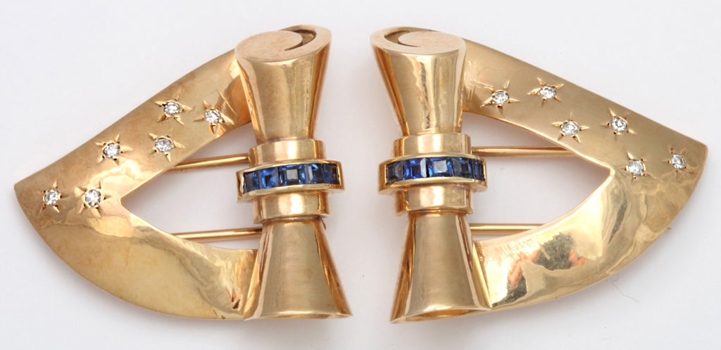 Retro Sapphire Diamond Gold Dress Clips